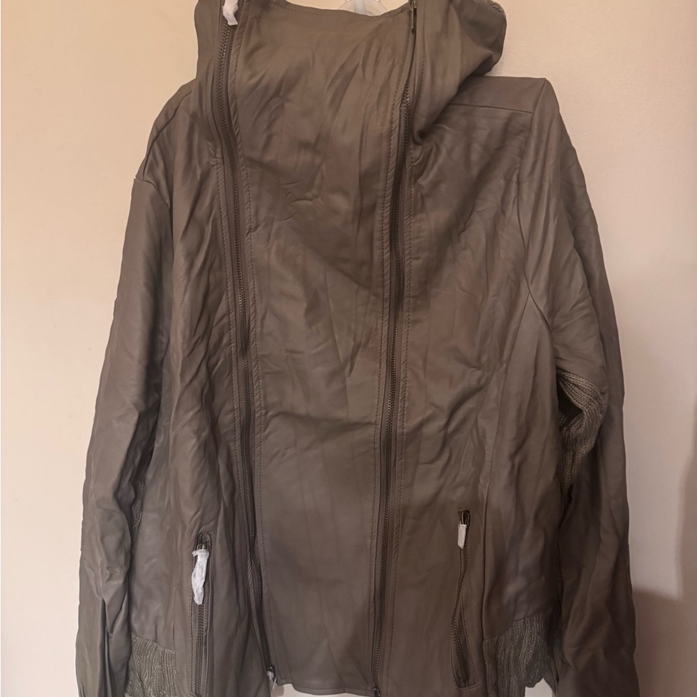 Faux Leather Straight Neck Jacket Brown with Knitted Detailing Brand New 14 16